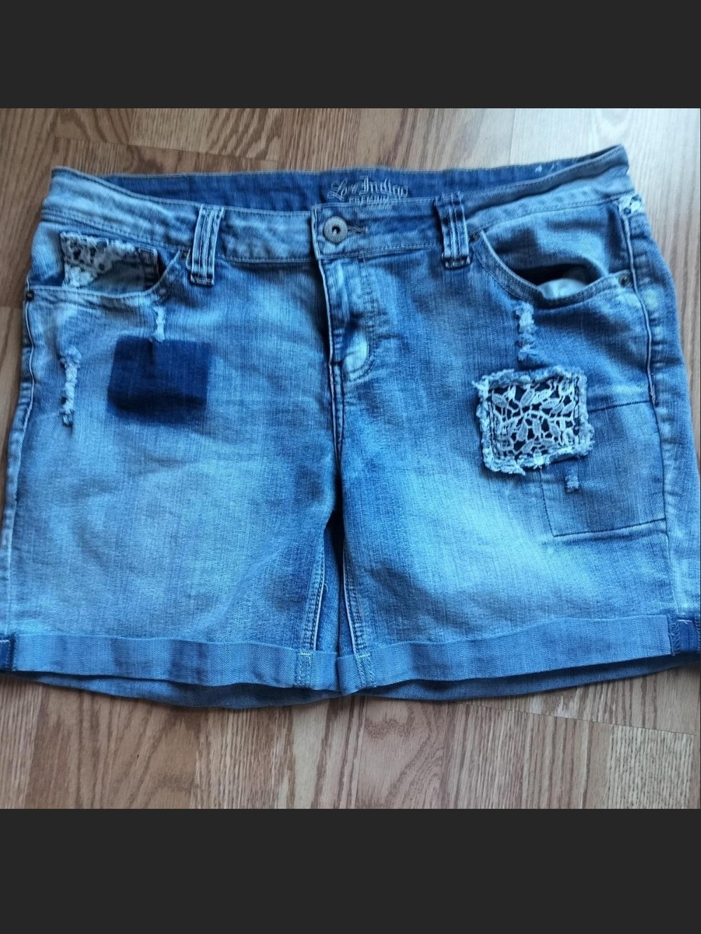 Love Indigo Light Blue Distressed Denim Shorts with Crochet Patch